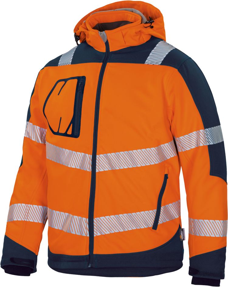 Vizwell Winter Kontrast Softshelljacke Leuchtorange Marine Vorderseite