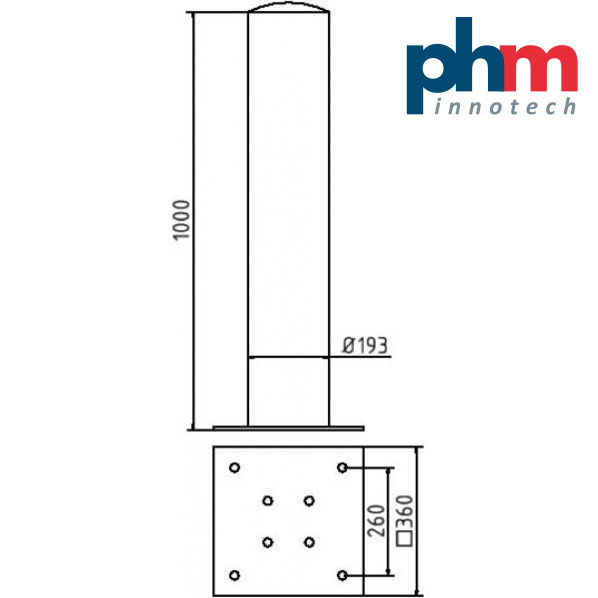 Skizze Absperrpfosten zum Aufdübeln mit Bodenplatte 360 x 360 mm  Ø 193 mm 1000 mm ohne Unterflur 1000 mm Gesamtlänge