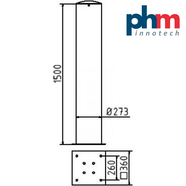 Skizze Absperrpfosten zum Aufdübeln mit Bodenplatte 360 x 360 mm  Ø 273 mm 1500 mm ohne Unterflur 1500 mm Gesamtlänge