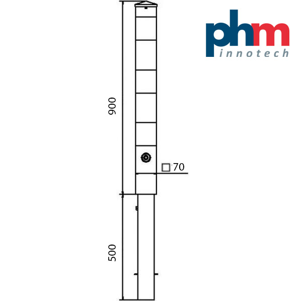 Skizze Absperrpfosten zum Einbetonieren mit Bodenhülse Typ 470.10 70 x 70 mm  900 mm 500 mm 1400 mm Gesamtlänge