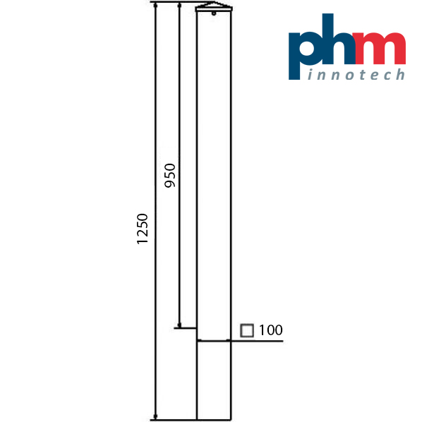 Skizze Absperrpfosten zum Einbetonieren mit Erdanker 100 x 100 mm  950 mm 300 mm 1250 mm Gesamtlänge