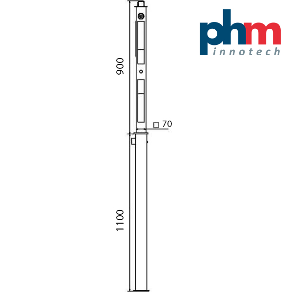 Skizze Absperrpfosten zum Einbetonieren mit Erdanker 70 x 70 mm  900 mm 1100 mm 2000 mm Gesamtlänge