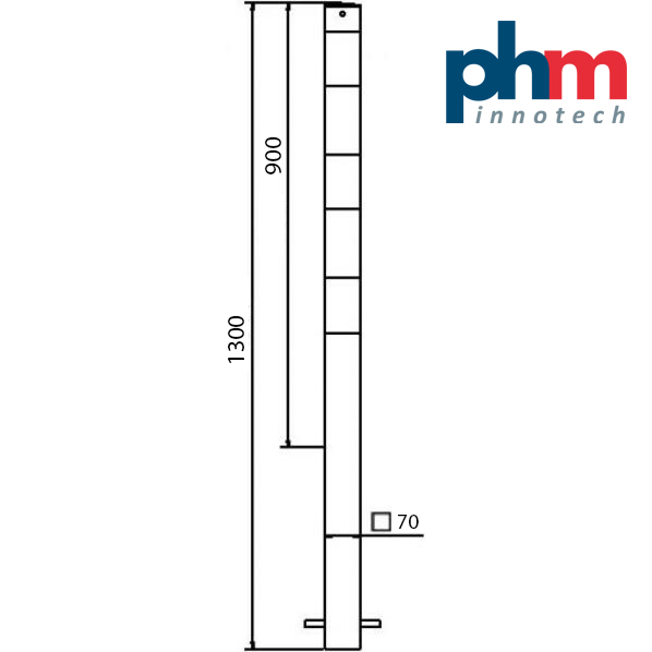 Skizze Absperrpfosten zum Einbetonieren mit Erdanker 70 x 70 mm  900 mm 400 mm 1300 mm Gesamtlänge