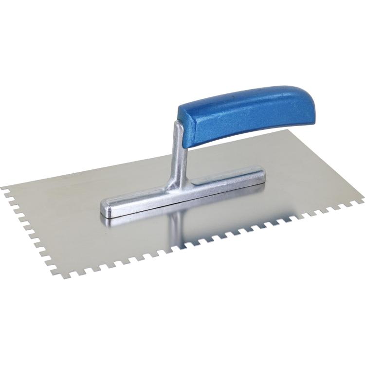 Glättekelle, Edelstahl, Rechteckzahnung, gebogener Griff (hellblau), 0,7 mm, Linkshänder