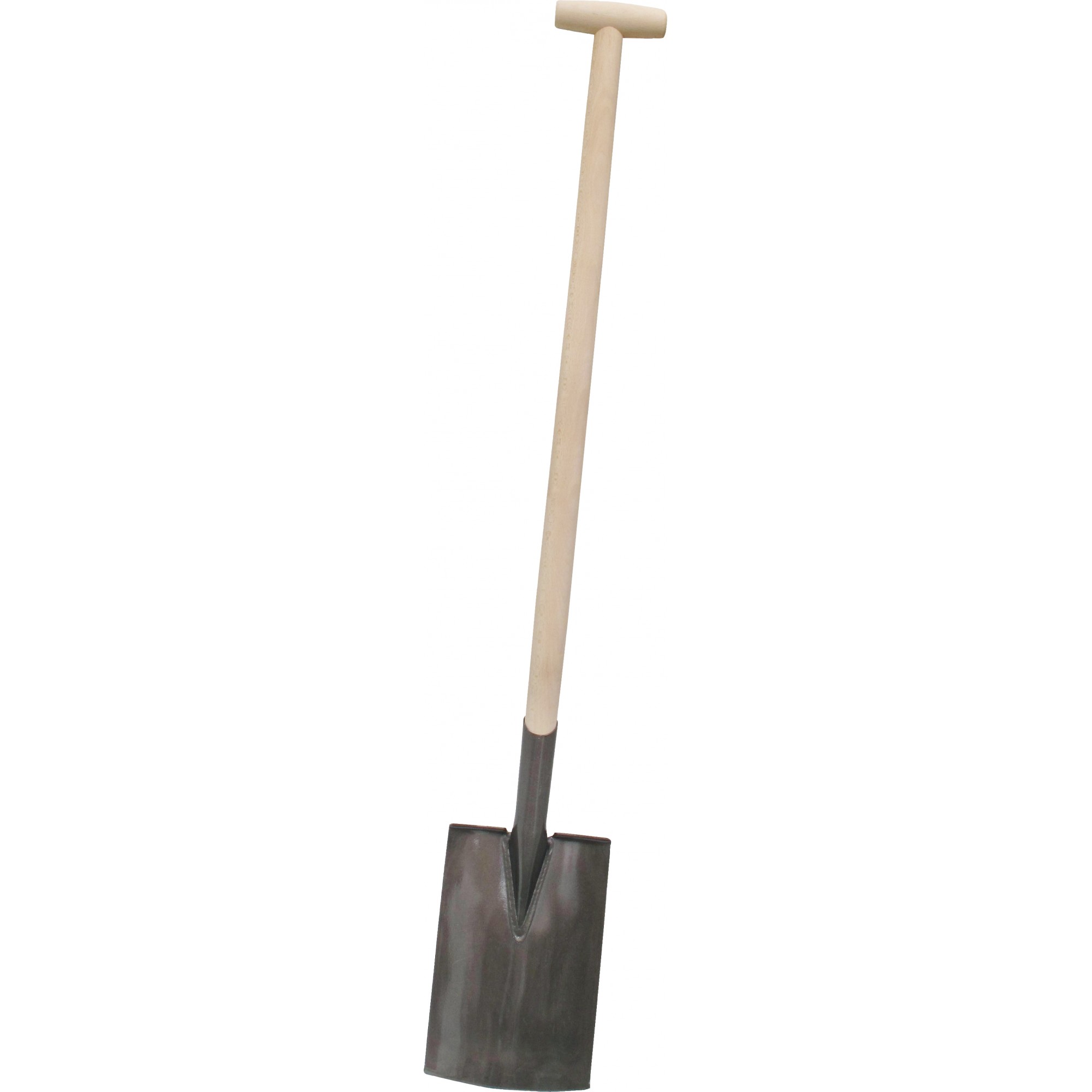 Bauspaten, gehärtet, sandgestrahlt, mit Tritt, T-Griff, 850 mm Buchenstiel, unlackiert