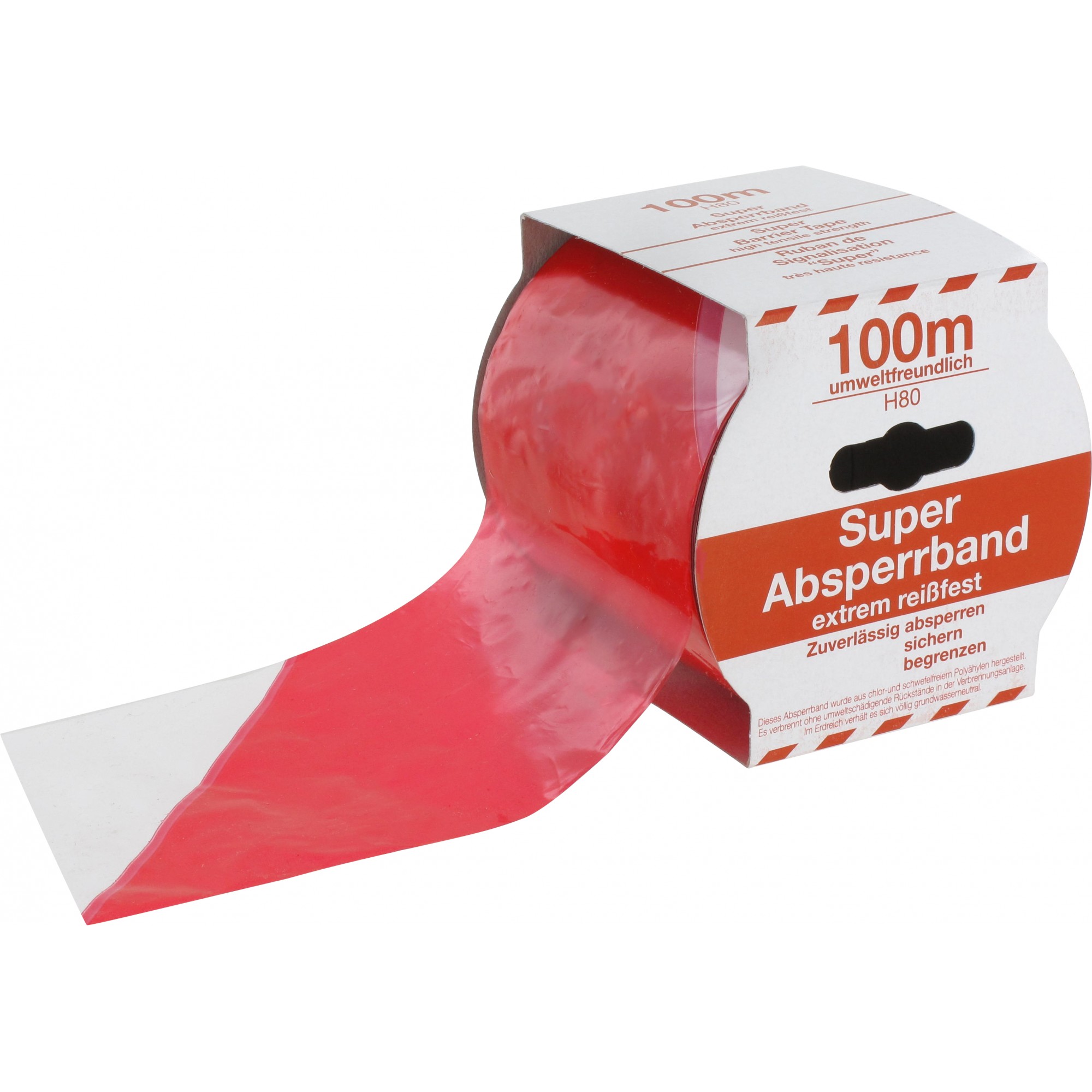  Sicherheits-Absperrband rot/weiß, 70–80 mm, 100–500 m, in Vorratsbox